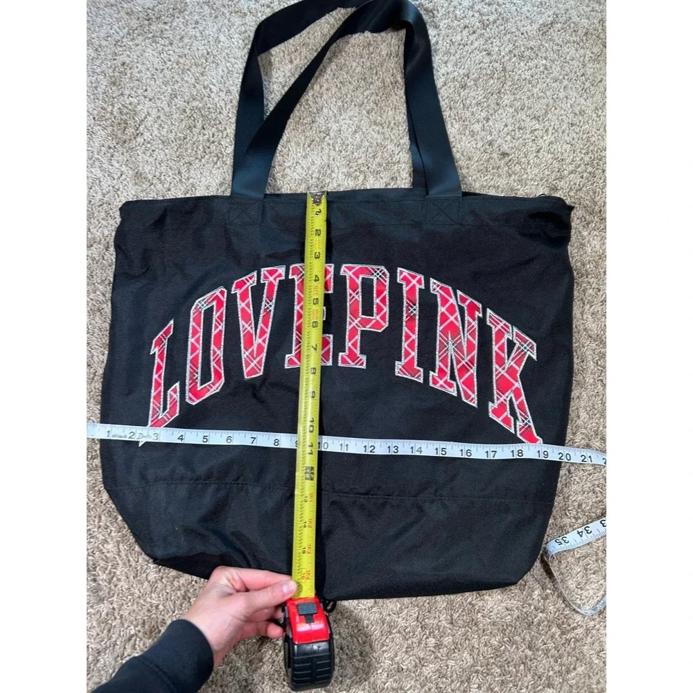 Victorias Secret PINK Black‎ Canvas Tote Bag Red Plaid Logo Zipper Large Gym Bag